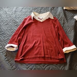 Kim Rogers Burgundy V-Neck Sweater with White Accents